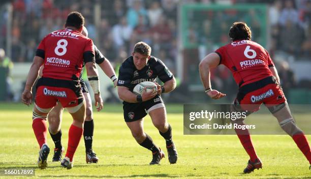 Tom Youngs of Leicester runs with the ball during the Heineken Cup quarter final match between Toulon and Leicester Tigers at Felix Mayol Stadium on...