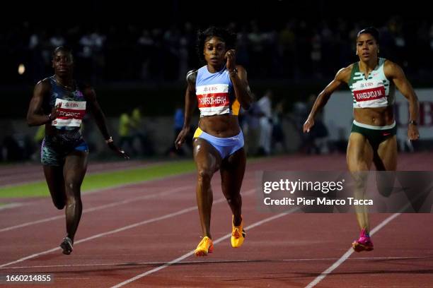 Shashalee Forbes of Jamaica, Elaine Thompson-Herah of Jamaica and Mujinga Kambundji of Switzerland compete in the Women 100 Meter during the Gala dei...