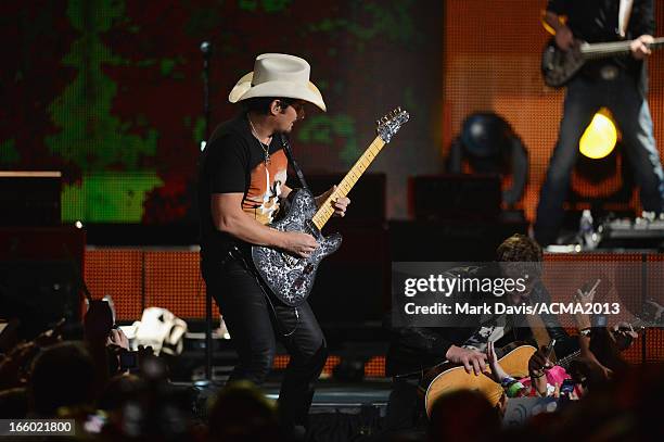 Musicians Brad Paisley and Dierks Bentley perform onstage during the 48th Annual Academy Of Country Music Awards - ACM Fan Jam After Party at Orleans...