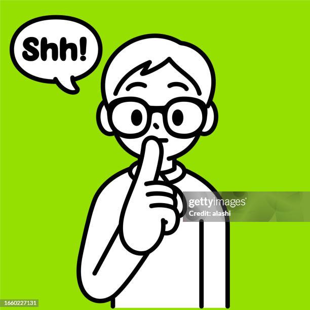 a studious boy with horn-rimmed glasses standing upright, with a finger on his lips, looking at the viewer, minimalist style, black and white outline - finger on lips stock illustrations