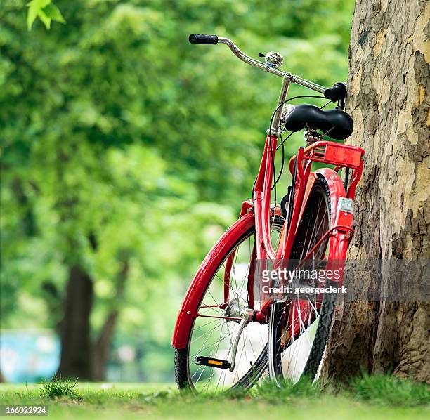 roten fahrrad im park - park berlin stock-fotos und bilder