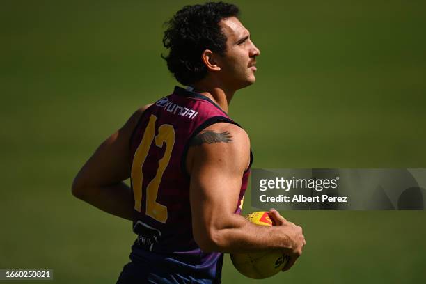 Nakia Cockatoo of the Lions is seen during a Brisbane Lions AFL training session at Brighton Homes Arena on September 05, 2023 in Brisbane, Australia.