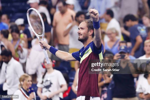 Daniil Medvedev of Russia reacts to defeating Alex de Minaur of Australia during their Men's Singles Fourth Round match on Day Eight of the 2023 US...