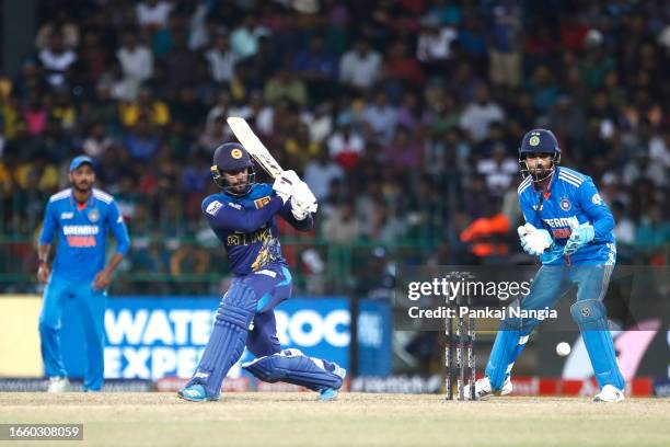 Dhananjaya de Silva of Sri Lanka plays a shot during the Asia Cup match between India and Sri Lanka at R. Premadasa Stadium on September 12, 2023 in...