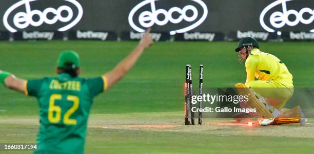 David Warner of Australia is runout during the 3rd Betway One Day International match between South Africa and Australia at JB Marks Oval on...