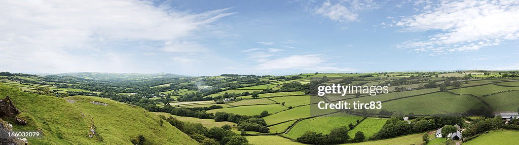 Panoramic view of patchwork fields in the Black Mountains