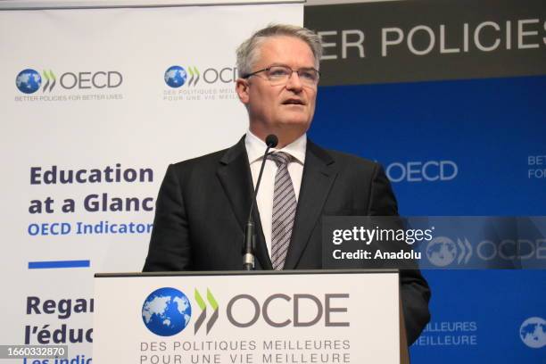 Secretary-General Mathias Cormann presents the findings of the organization's annual report on education in member countries at a press conference...