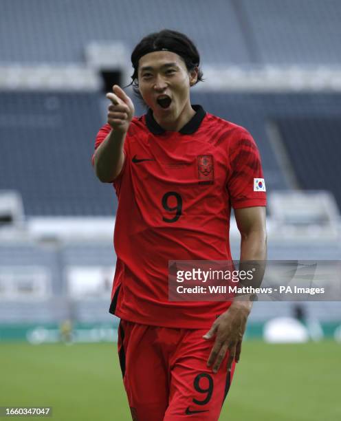 South Korea's Gue-sung Cho celebrates scoring their side's first goal of the game during the international friendly match at St. James' Park,...