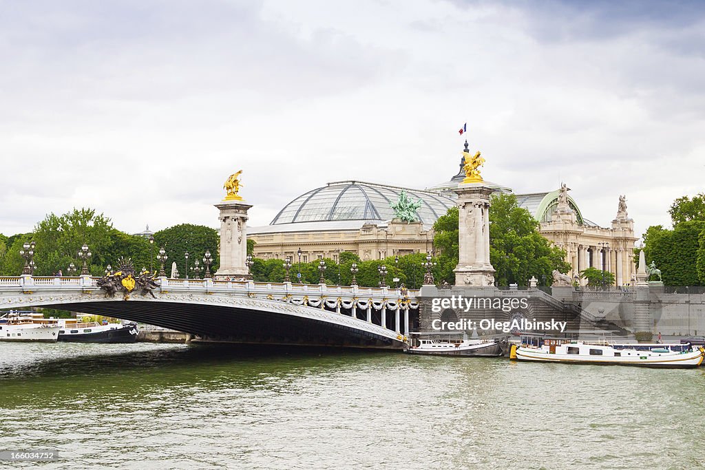 Paris und Seine Fluss und Brücke Pont Alexandre III.