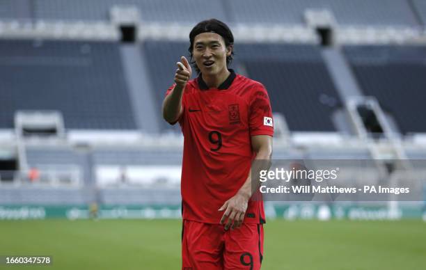 South Korea's Gue-sung Cho celebrates scoring their side's first goal of the game during the international friendly match at St. James' Park,...