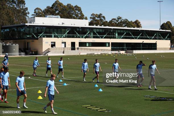 Sydney FC players warm up during a Sydney A-League Mens training session at Sky Park on September 05, 2023 in Sydney, Australia.