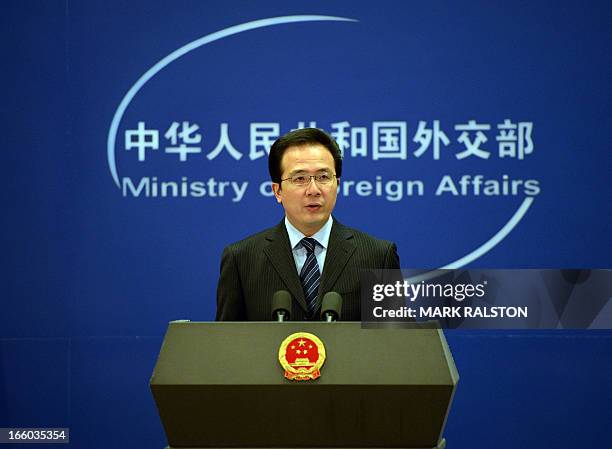 The Chinese Foreign Ministry spokesman Hong Lei talks during a press briefing in Beijing on April 8, 2013. North Korea appears to be preparing a...