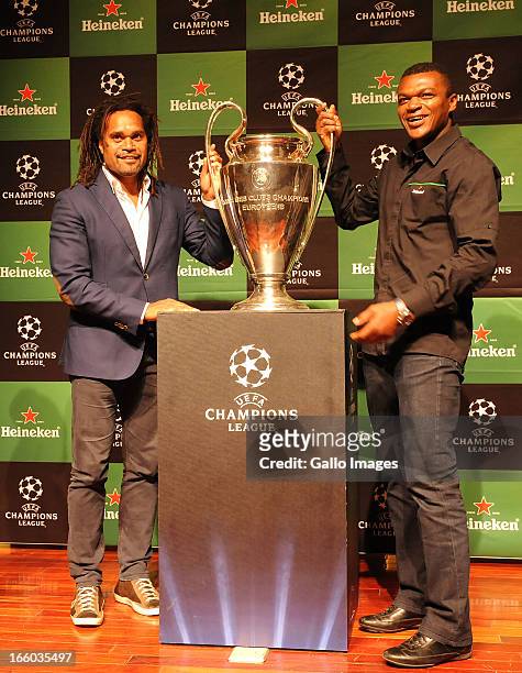 Ambassadors Christian Karembeu and Marcel Desailly during the UEFA Champions League Trophy Tour at Fleuve Congo Hotel on April 5, 2013 in Kinshasa,...