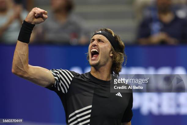 Alexander Zverev of Germany reacts against Jannik Sinner of Italy during their Men's Singles Fourth Round match on Day Eight of the 2023 US Open at...