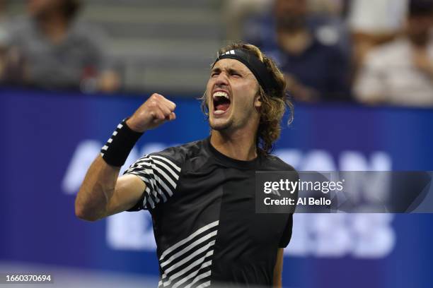 Alexander Zverev of Germany reacts against Jannik Sinner of Italy during their Men's Singles Fourth Round match on Day Eight of the 2023 US Open at...