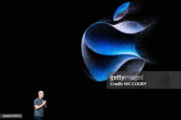 Tim Cook, chief executive officer of Apple Inc., speaks during a launch event for the new Apple iPhone 15 at Apple Park in Cupertino, California, on...