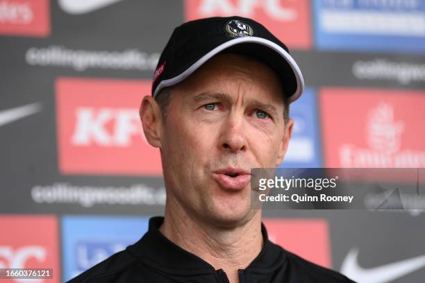 Magpies head coach Craig McRae speaks to the media during a Collingwood Magpies AFL training session at Olympic Park Oval on September 05, 2023 in...