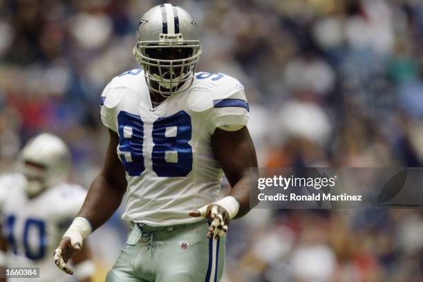 Defensive end Greg Ellis of the Dallas Cowboys stands on the field during the NFL game against the Carolina Panthers at Texas Stadium on October 13,...