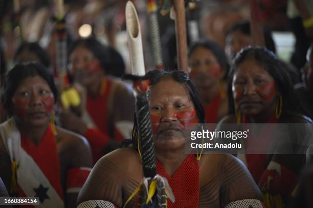An indigenous woman from the Kayapo people attends the III March of Indigenous Women, in defence of women's rights, local indigenous people and the...
