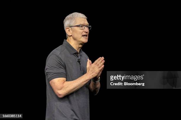 Tim Cook, chief executive officer of Apple Inc., during an event at Apple Park campus in Cupertino, California, US, on Tuesday, Sept. 12, 2023. Apple...