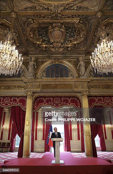 France's President Francois Hollande speaks during a ceremony attended by skippers of the seventh edition of the Vendee Globe solo round-the-world...