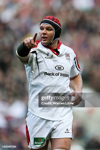 Johann Muller of Ulster gestures during the Heineken Cup quarter final match between Saracens and Ulster at Twickenham Stadium on April 6, 2013 in...