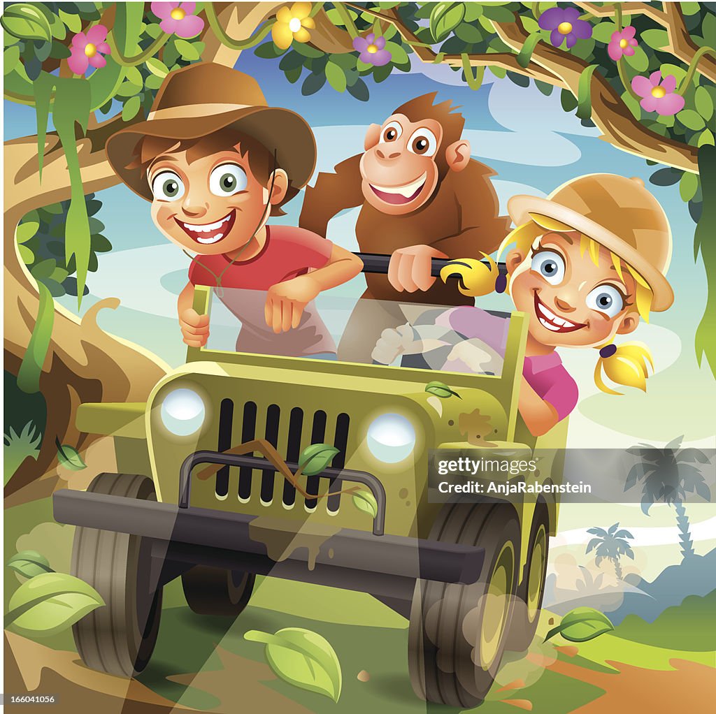 Funny Vector Cartoon Children driving in Off-Road Car through Jungle
