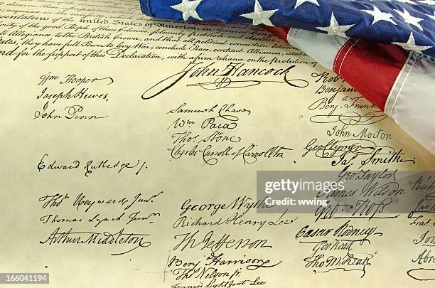 american flag and declaration of independence - declaration of independence stock pictures, royalty-free photos & images