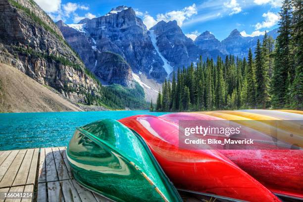 cayaks on the moraine lake - banff canada stock pictures, royalty-free photos & images