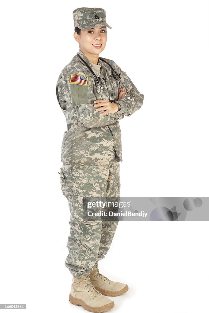 Mulher Soldado americano nos Exército camuflado Uniforme