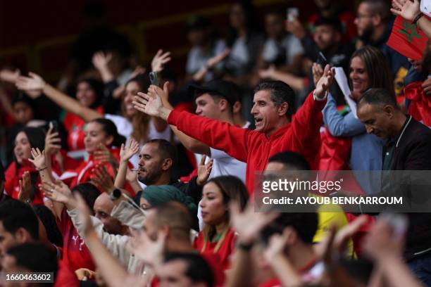 Supporters of Morocco cheer during the international friendly football match between Morocco and Burkina Faso at the Stade Bollaert-Delelis in Lens,...