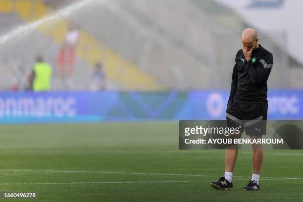 Morocco's goalkeeper coach Omar Harrak reacts ahead of the international friendly football match between Morocco and Burkina Faso at the Stade...