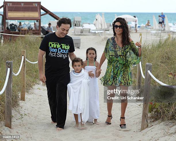 Cristian Castro, his ex wife Valeria Liberman, their daughter Simone Castro and son Mikhail Castro are sighted on April 7, 2013 in Miami Beach,...