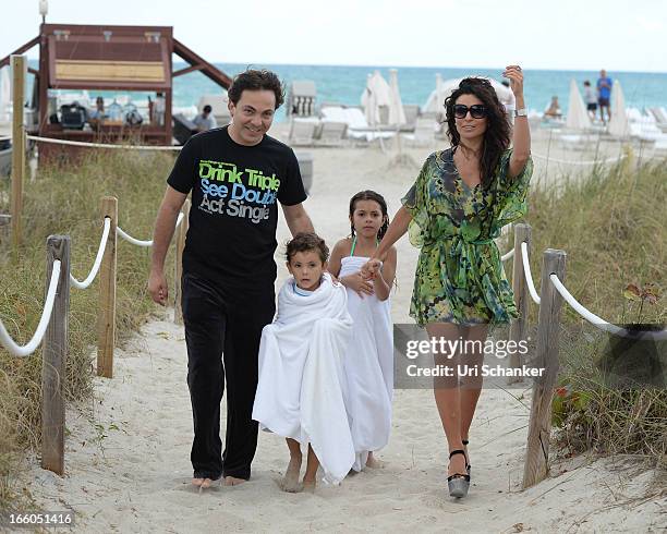 Cristian Castro, his ex wife Valeria Liberman, their daughter Simone Castro and son Mikhail Castro are sighted on April 7, 2013 in Miami Beach,...