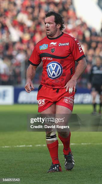 Carl Hayman of Toulon looks on during the Heineken Cup quarter final match between Toulon and Leicester Tigers at Felix Mayol Stadium on April 7,...