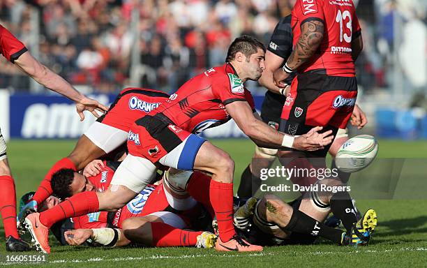 Sébastien Tillous-Borde of Toulon passes the ball during the Heineken Cup quarter final match between Toulon and Leicester Tigers at Felix Mayol...