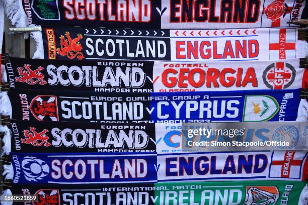 Merch stand outside of the stadium during the 150th Anniversary Heritage Match between Scotland and England at Hampden Park on September 12, 2023 in...