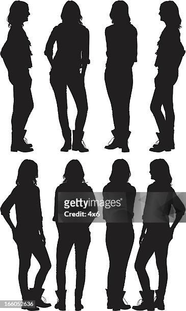 multiple silhouettes of a woman with hands in pockets - woman full body behind stock illustrations