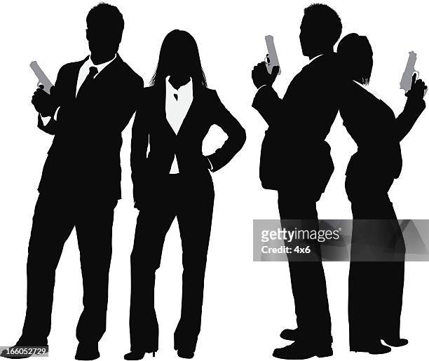 silhouette of business couple with a gun - female gangster stock illustrations