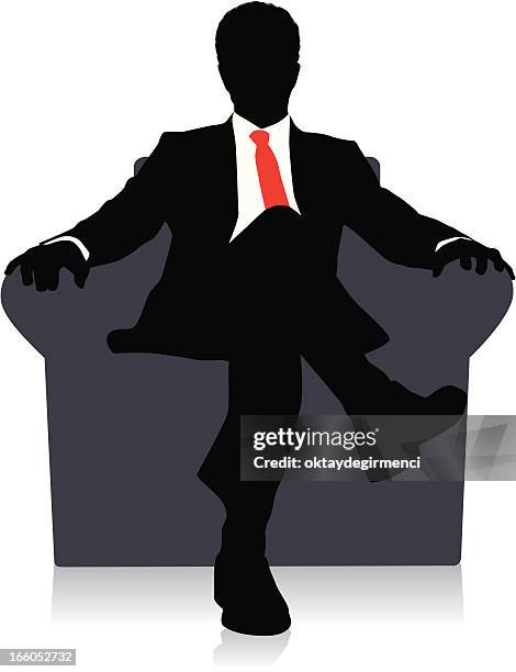 drawing of a businessman sitting on a chair with red tie - businessman silhouette stock illustrations