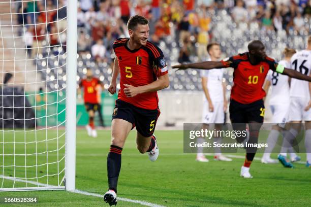 Jan Vertonghen of Belgium celebrates 1-0 during the EURO Qualifier match between Belgium v Estonia at the King Baudouin Stadium on September 12, 2023...