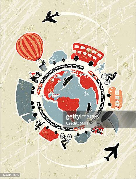 modes of transport surrounding a global world map - modes of transportation stock illustrations