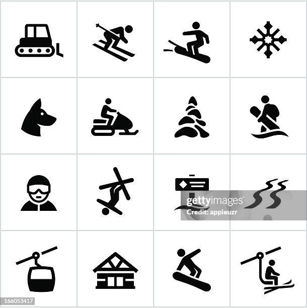 stockillustraties, clipart, cartoons en iconen met black ski resort icons - ski