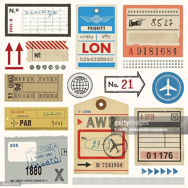illustrazioni stock, clip art, cartoni animati e icone di tendenza di etichette bagagli, biglietti e francobolli - vecchio stile