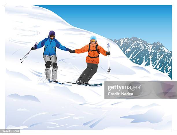 ilustrações, clipart, desenhos animados e ícones de esquiadores nas montanhas - ski jacket
