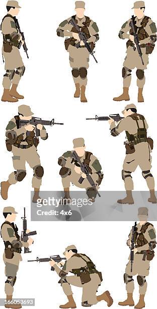 illustrazioni stock, clip art, cartoni animati e icone di tendenza di army uomo con un fucile - berretto da uniforme