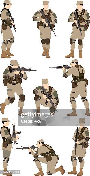 stockillustraties, clipart, cartoons en iconen met army man with a rifle - hurken