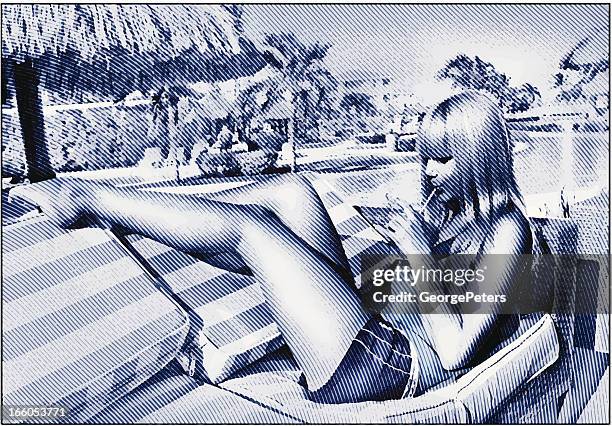 young woman poolside at resort - infinity pool stock illustrations