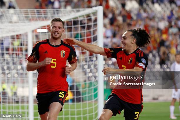 Jan Vertonghen of Belgium celebrates 1-0 with Arthur Theate of Belgium during the EURO Qualifier match between Belgium v Estonia at the King Baudouin...