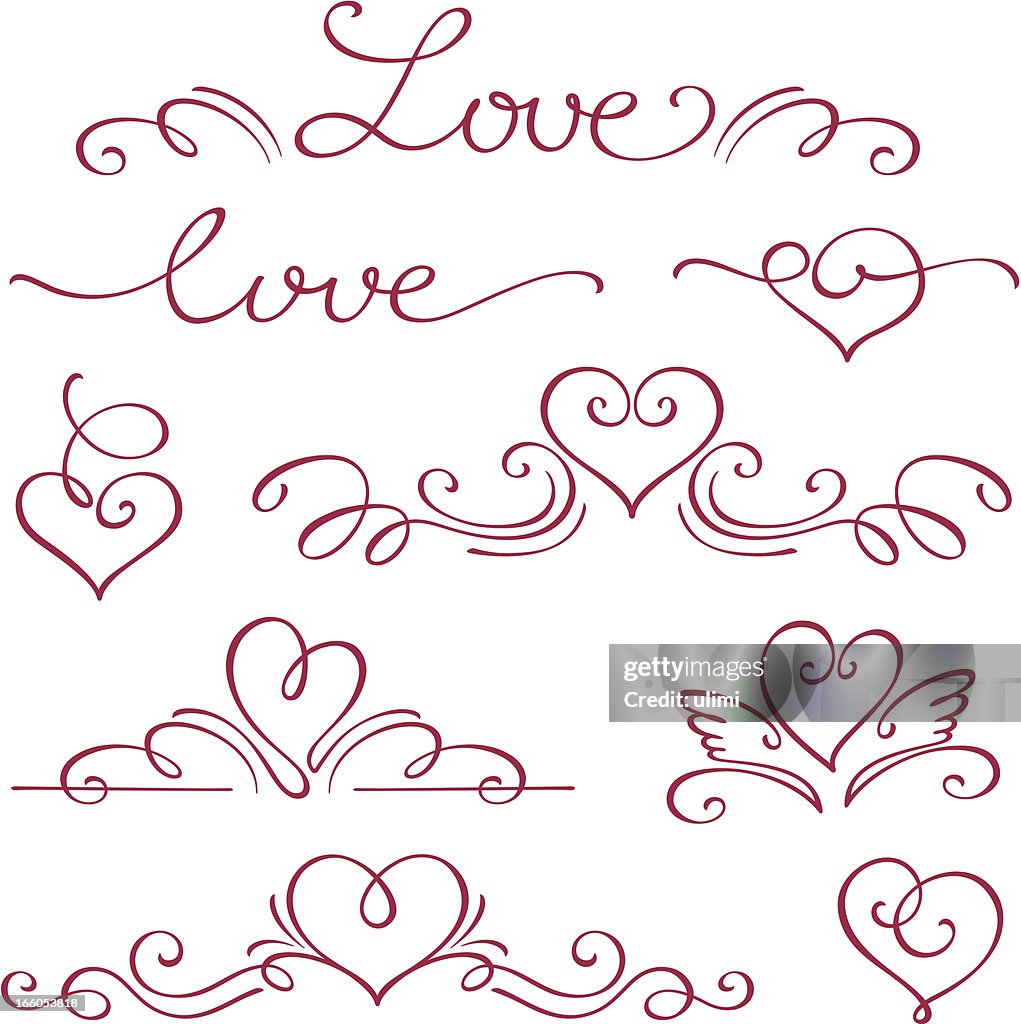 Love and hearts in a calligraphy style in red ink